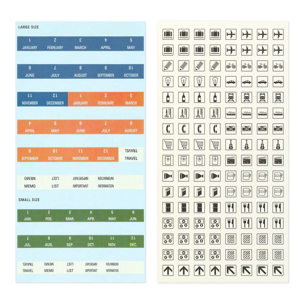 This is a sticker set for customizing TRAVELER’S notebook that makes it more fun, including index and pocket stickers, icon stickers to represent different plans, dry transfer, and stickers to decorate the cover. The 2026 version features a design with a theme of “TRAVELER'S SPIRIT"
You can customize the cover of the 2026 diary or other notebooks with stickers of analog motifs. Have a good trip with THE TRAVELER'S SPIRIT in 2026.