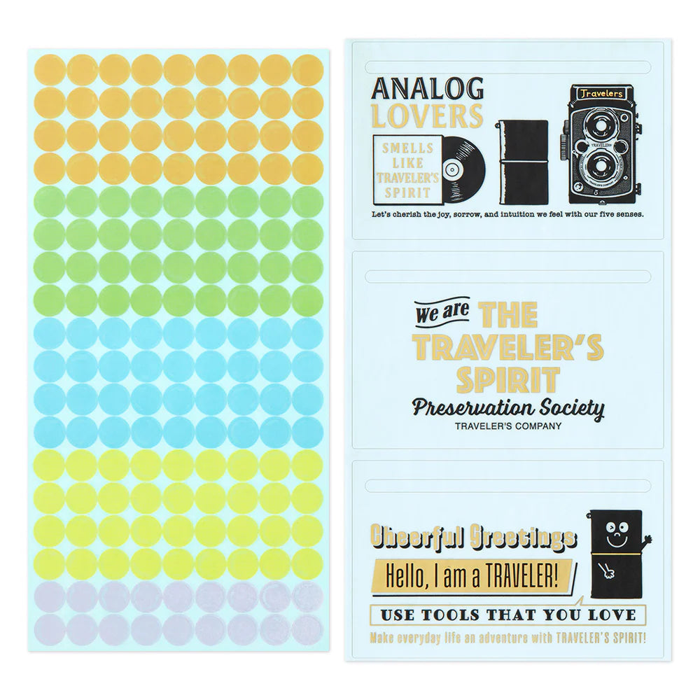 This is a sticker set for customizing TRAVELER’S notebook that makes it more fun, including index and pocket stickers, icon stickers to represent different plans, dry transfer, and stickers to decorate the cover. The 2026 version features a design with a theme of “TRAVELER'S SPIRIT"
You can customize the cover of the 2026 diary or other notebooks with stickers of analog motifs. Have a good trip with THE TRAVELER'S SPIRIT in 2026.