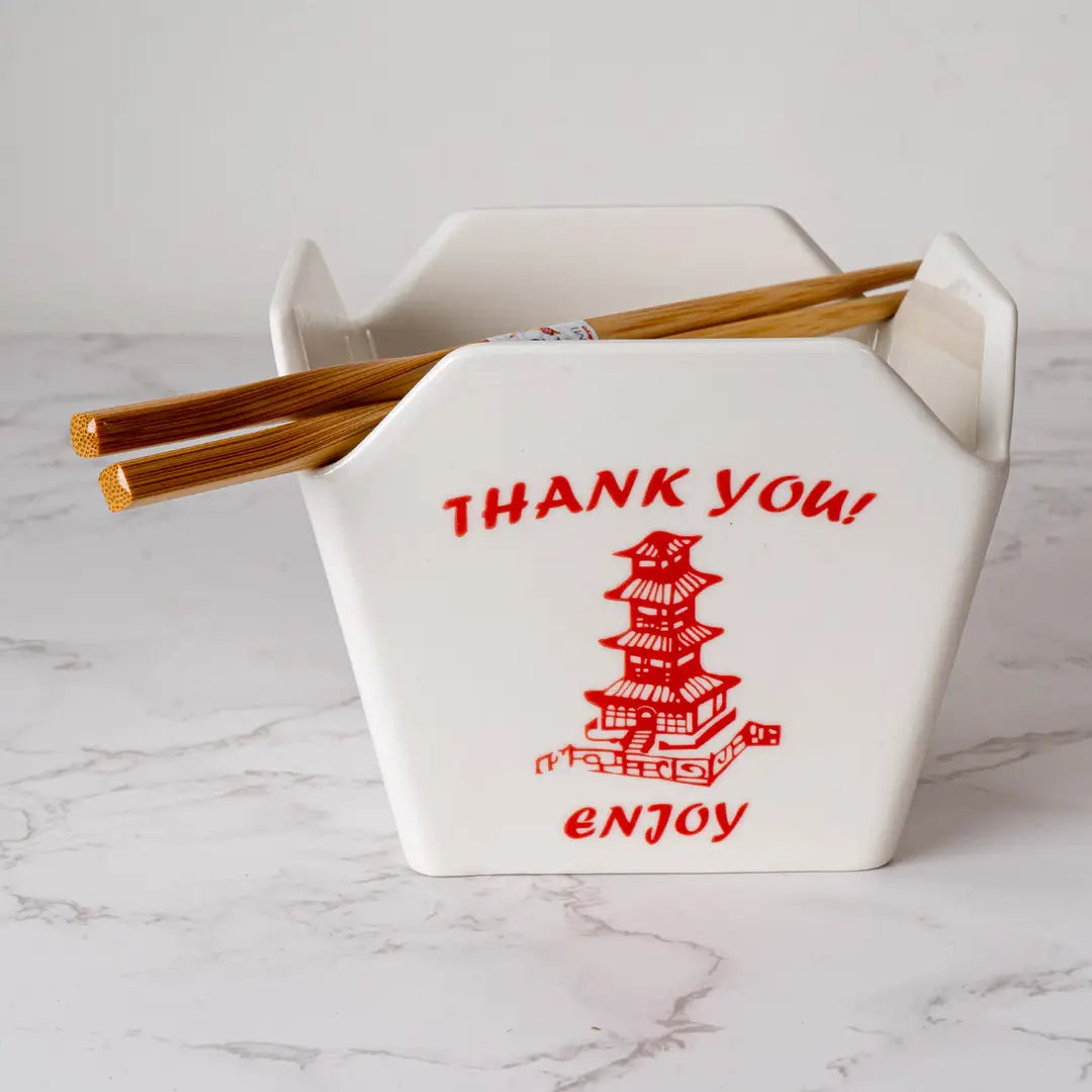 Everything tastes better in a to-go container…but this one is designed to be reusable
Bowl Size: 5" Dia x 4"H
Chopsticks 9"L
Capacity: 16 fl oz
Material: Ceramic
Microwave and Dishwasher Safe
Origin: China