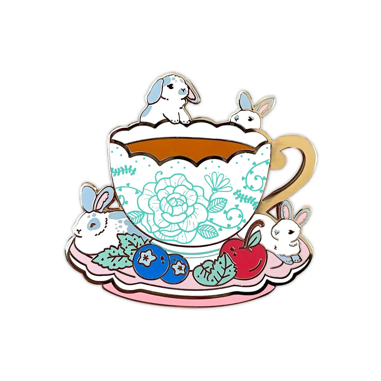 These pastel bunnies are spending a relaxing day amongst blueberries, cherries, and yummy tea inside an intricately decorated cup.
✦ Hard enamel
✦ Shiny gold metal
✦ 1.75 inches
✦ 2 Posts for extra security
✦ Rubber backings
✦ Back stamped for authenticity
Comes packaged on a backing card.