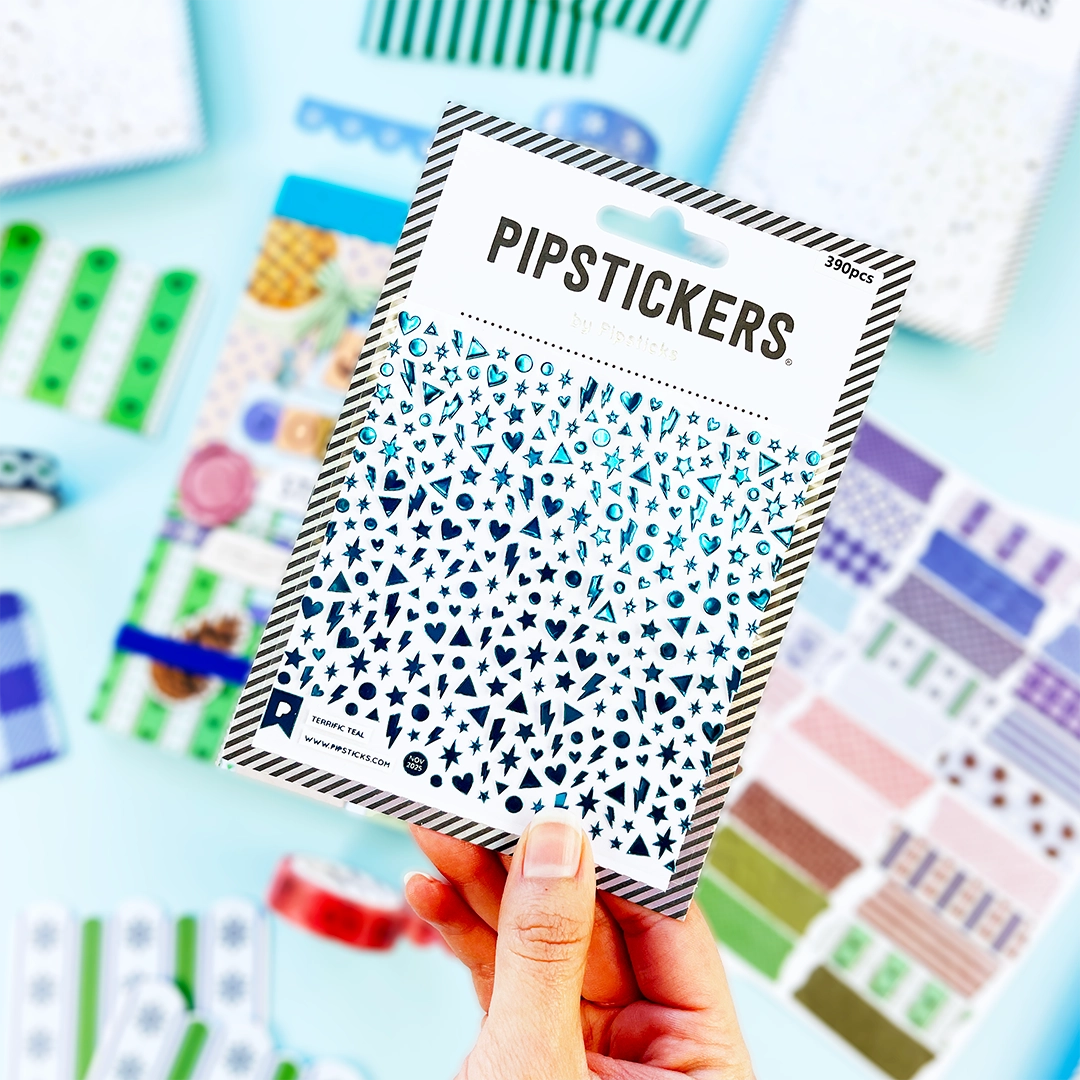 Mini stickers in the most DREAMY teal foil adorn this PipSticker sheet. WIth more than 350 tiny stickers you can add a little (or a lot!) of shimmer on everything you touch! Perfect for journaling, crafting, and adding some glittery touches to all your mail and projects!
Includes one 4" x 4" sheet of Terrific Teal PipStickers with 390 individual stickers.