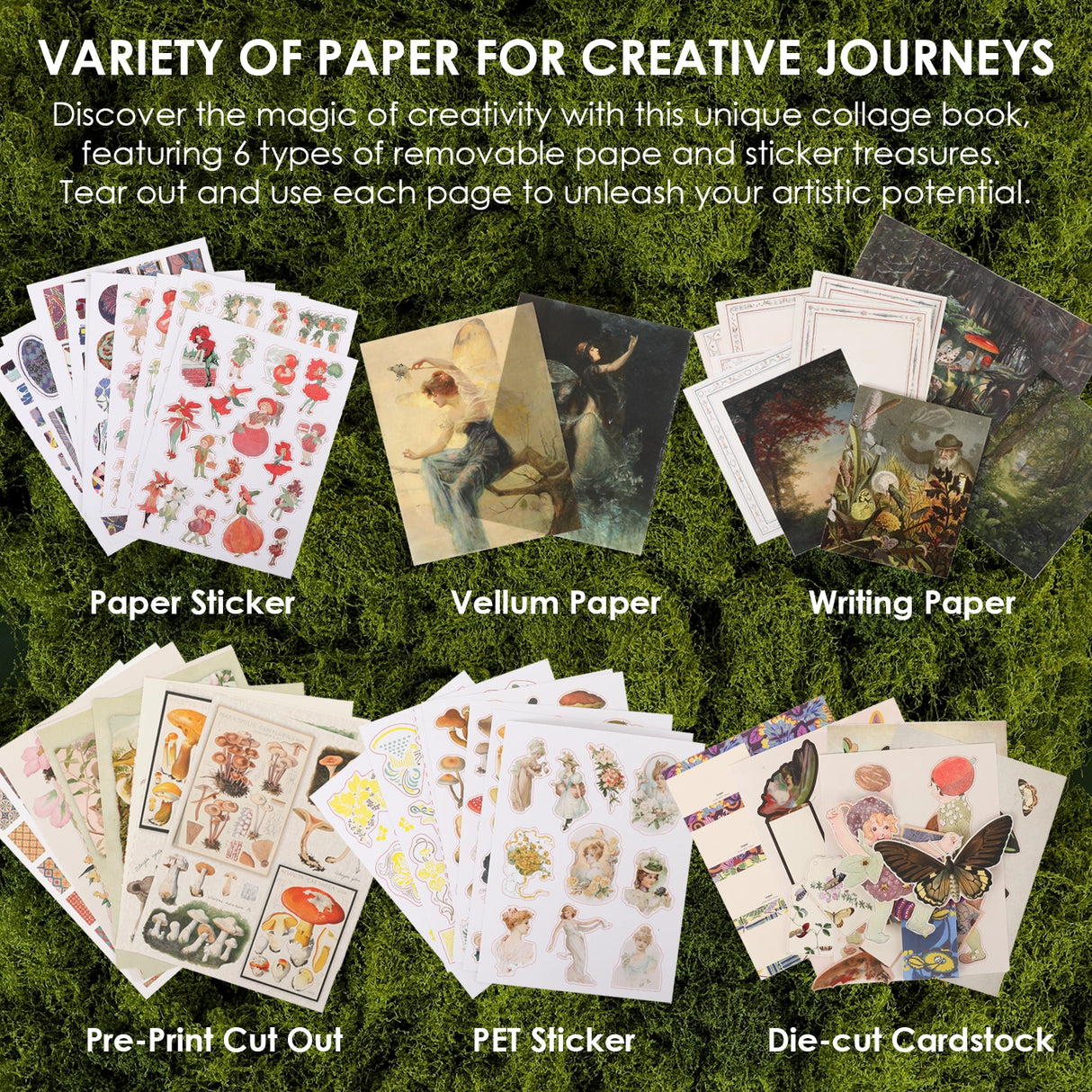 Immerse yourself in an artistic realm where nature and enchantment intertwine with this luxuriously thick collage book! Featuring curated artworks from 22 master artists across 200+ pages of diverse premium papers, we invite you on a captivating journey themed "The Botanical Muse" – unlocking infinite possibilities for art, journaling, and timeless creative delight!
We've divided this collage book into five captivating sections:
* The Ethereal Gate
* The Flora's Tapestry
* Beneath the Boughs
* The