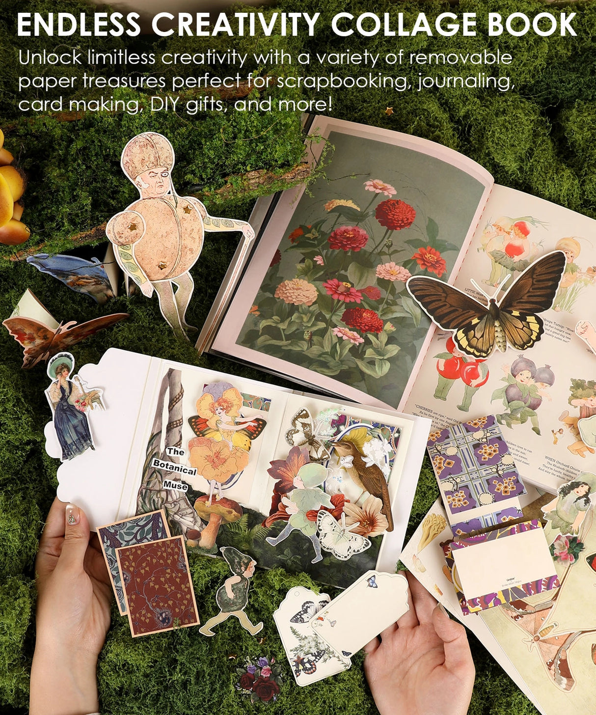 Immerse yourself in an artistic realm where nature and enchantment intertwine with this luxuriously thick collage book! Featuring curated artworks from 22 master artists across 200+ pages of diverse premium papers, we invite you on a captivating journey themed "The Botanical Muse" – unlocking infinite possibilities for art, journaling, and timeless creative delight!
We've divided this collage book into five captivating sections:
* The Ethereal Gate
* The Flora's Tapestry
* Beneath the Boughs
* The