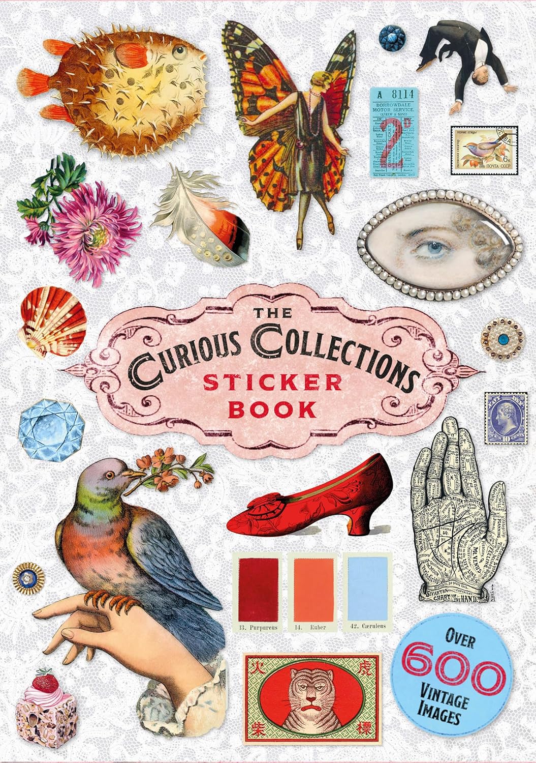With hundreds of sticky curiosities ready to beautify your junk journal or collage, this book is the perfect companion to The Ransom Note Sticker Book. This cute little sticker book is packed with extraordinary images that can be used for scrapbooks, journals, collaging, and many other creative pursuits.
The stickers are all vintage illustrations. There are 40 spreads of stickers, over 600 altogether, presented in categories and interspersed with quirky vintage backgrounds. Examples include: Vintage cute t