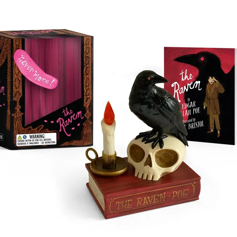 Quoth the raven, Nevermore with this deluxe miniature 3-inch talking raven figurine inspired by the beloved Edgar Allan Poe poem.
Unique miniature figurine with sound: This 3-inch raven figurine says the iconic line from the poem “The Raven” at the touch of a button.
Illustrated mini book: Includes a 48-page mini book with the full poem written by Edgar Allan Poe.
The perfect gift: Lovers of Poe and all things spooky will enjoy displaying this deluxe talking raven at their home or office
Inc