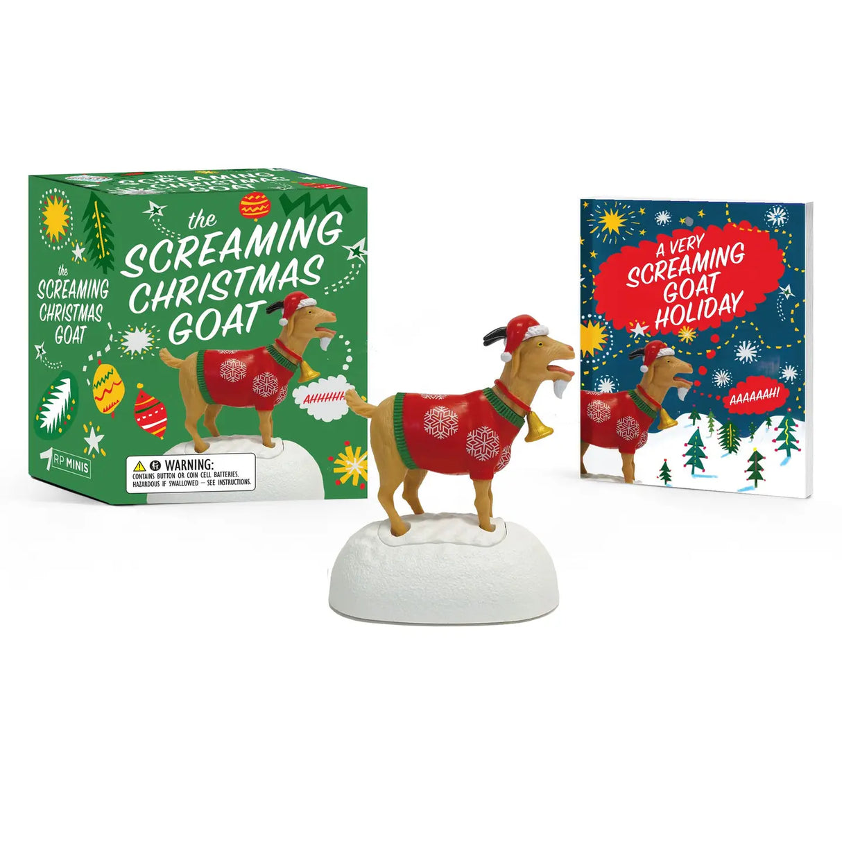 He's baaaaack! This very merry Christmas version of the wildly popular original screaming goat is perfect as a gag gift at office holiday parties, gifting to your friends, or adding some festive flair and humor to your holiday season. ·Specifications: Includes a 3" mini Christmas screaming goat figurine decked out in an ugly holiday sweater, Santa hat, and jingle bell collar ·With Sound: The Christmas goat’s incredibly lifelike and signature scream plays when the snow mound base is pressed ·Book Inclu