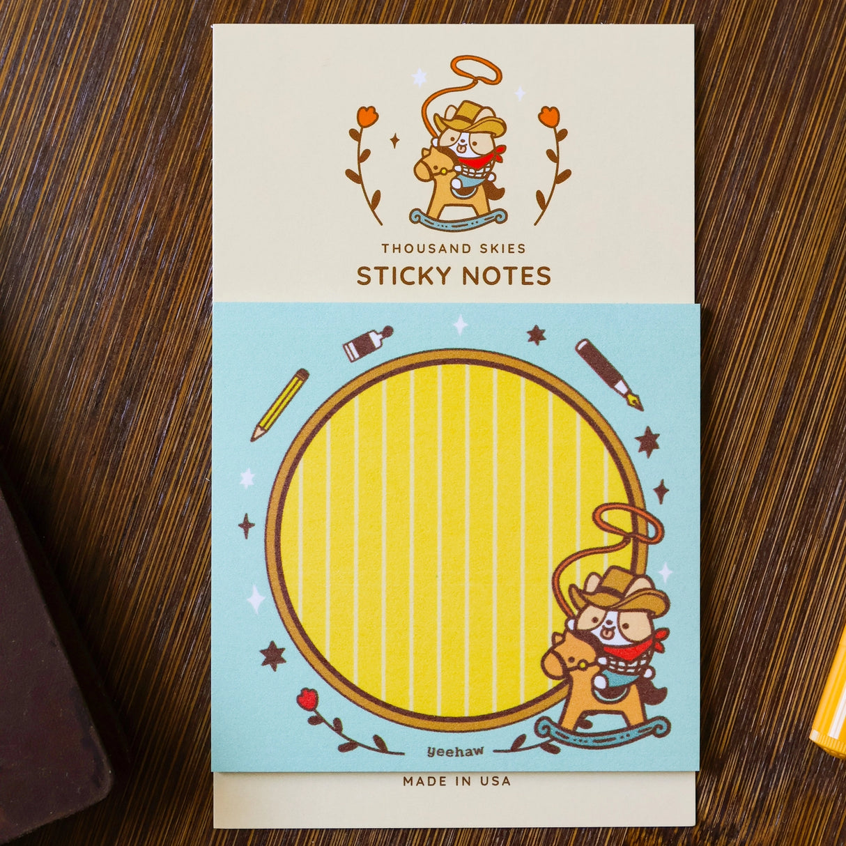 Full color sticky notes featuring a corgi dressed as a cowboy
3x3 inches
25 sheets
Printed with 3M