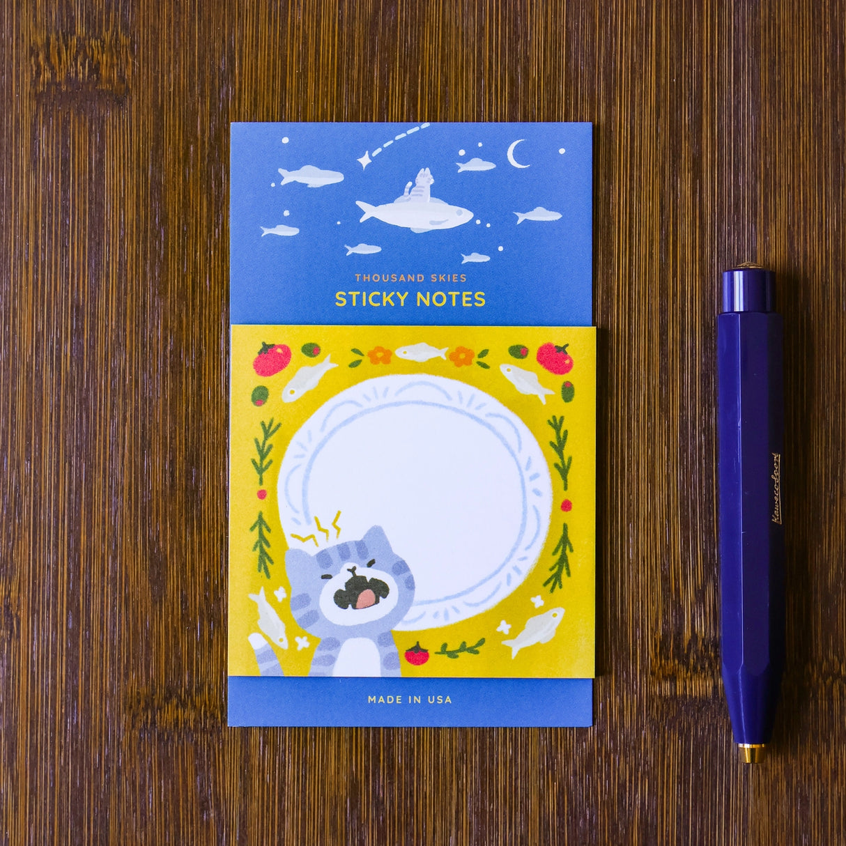 Full color sticky notes featuring a cute kitty meowing in front of a plate surrounded by sardines!
3x3 inches
25 sheets
Printed with 3M