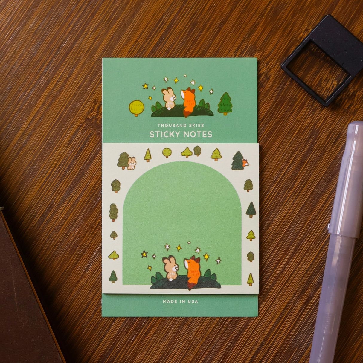 Full color sticky notes featuring a heartwarming moment in the forest between a bunny and a fox
3x3 inches
25 sheets
Printed with 3M
