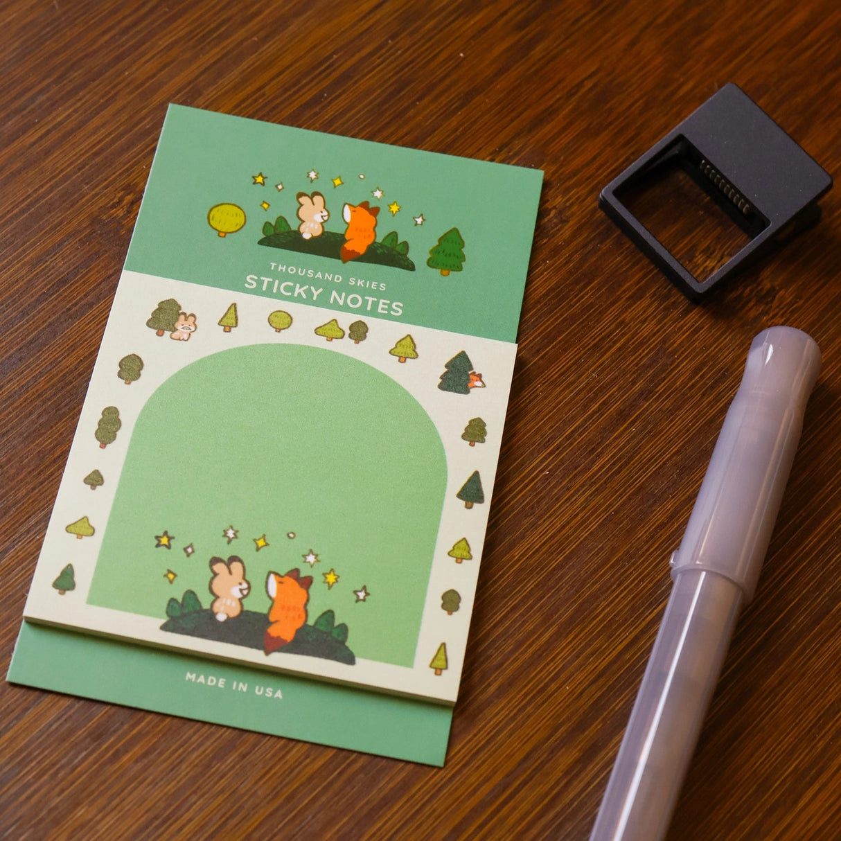 Full color sticky notes featuring a heartwarming moment in the forest between a bunny and a fox
3x3 inches
25 sheets
Printed with 3M