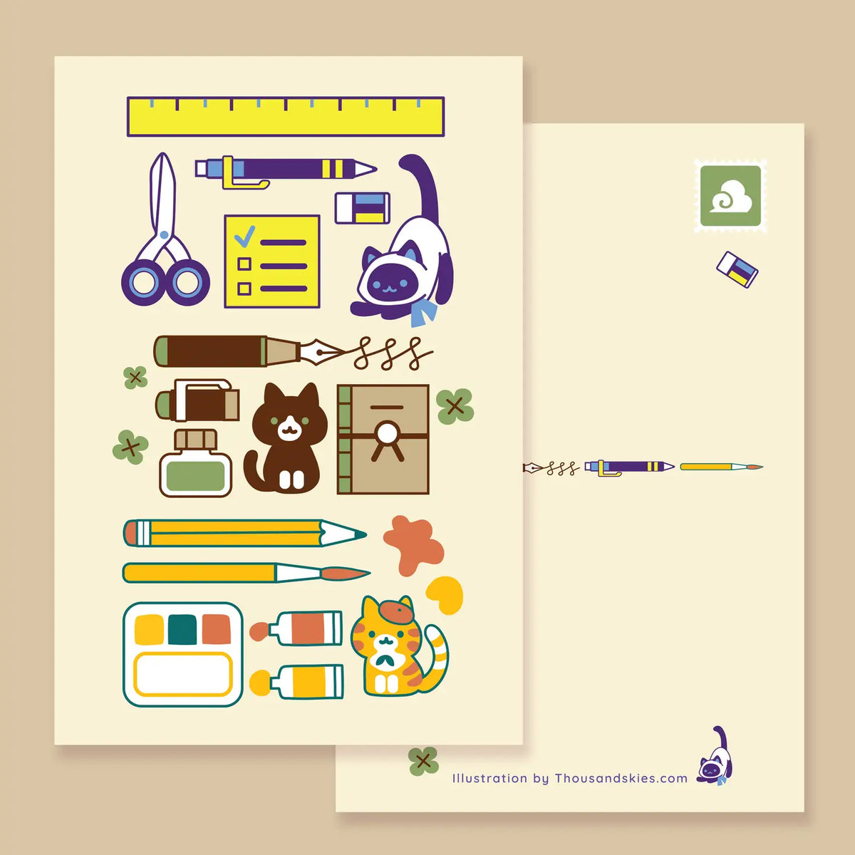 Thousand Skies - Back To School Cats Postcard
A playful and colorful illustration to brighten someone's day.
• 4 in x 6 in postcard
• Matte finish
• Heavy Cardstock
Please consider that monitor calibrations are all different. The color you see might slightly differ from the photo.
Design ©Thousand Skies