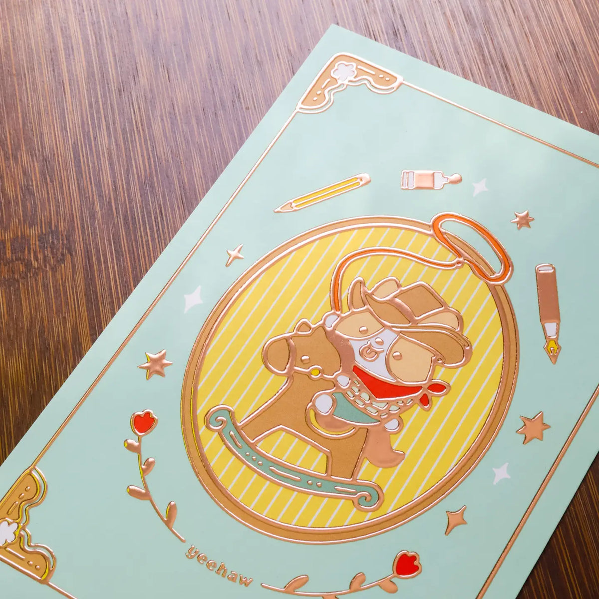 Thousand Skies - Corgi Cowboy Postcard
A playful and colorful illustration to brighten someone's day.
• 4 in x 6 in postcard
• Matte finish with brown embossing
• Heavy Cardstock
Please consider that monitor calibrations are all different. The color you see might slightly differ from the photo.
Design ©Thousand Skies