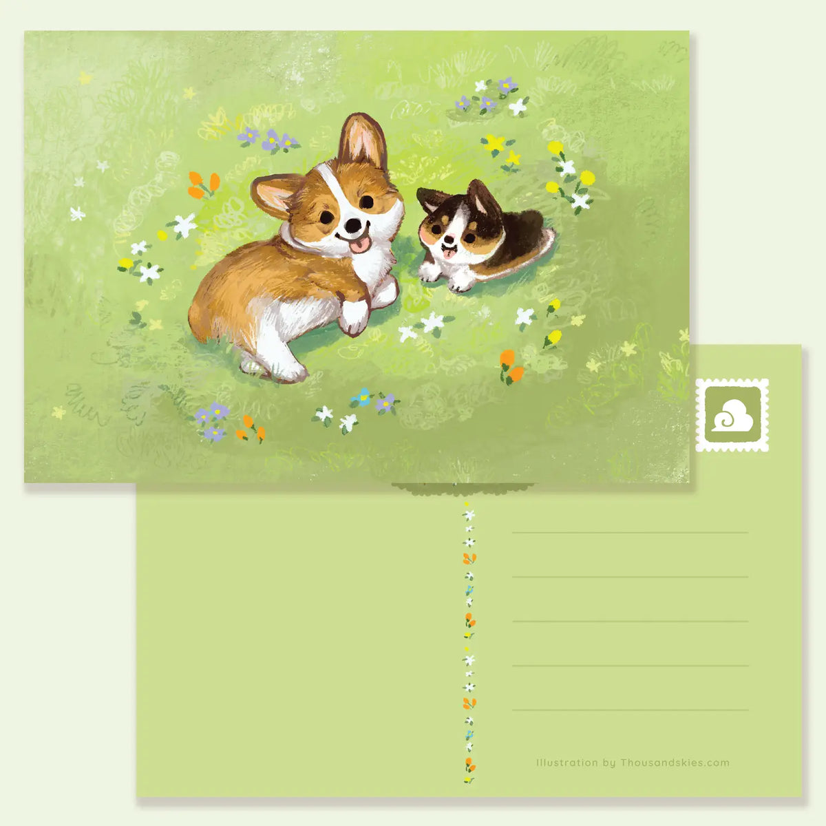 Thousand Skies - Corgis in Spring Postcard
A playful and colorful illustration to brighten someone's day.
• 4 in x 6 in postcard
• Matte finish
• Heavy Cardstock
Please consider that monitor calibrations are all different. The color you see might slightly differ from the photo.
Design ©Thousand Skies