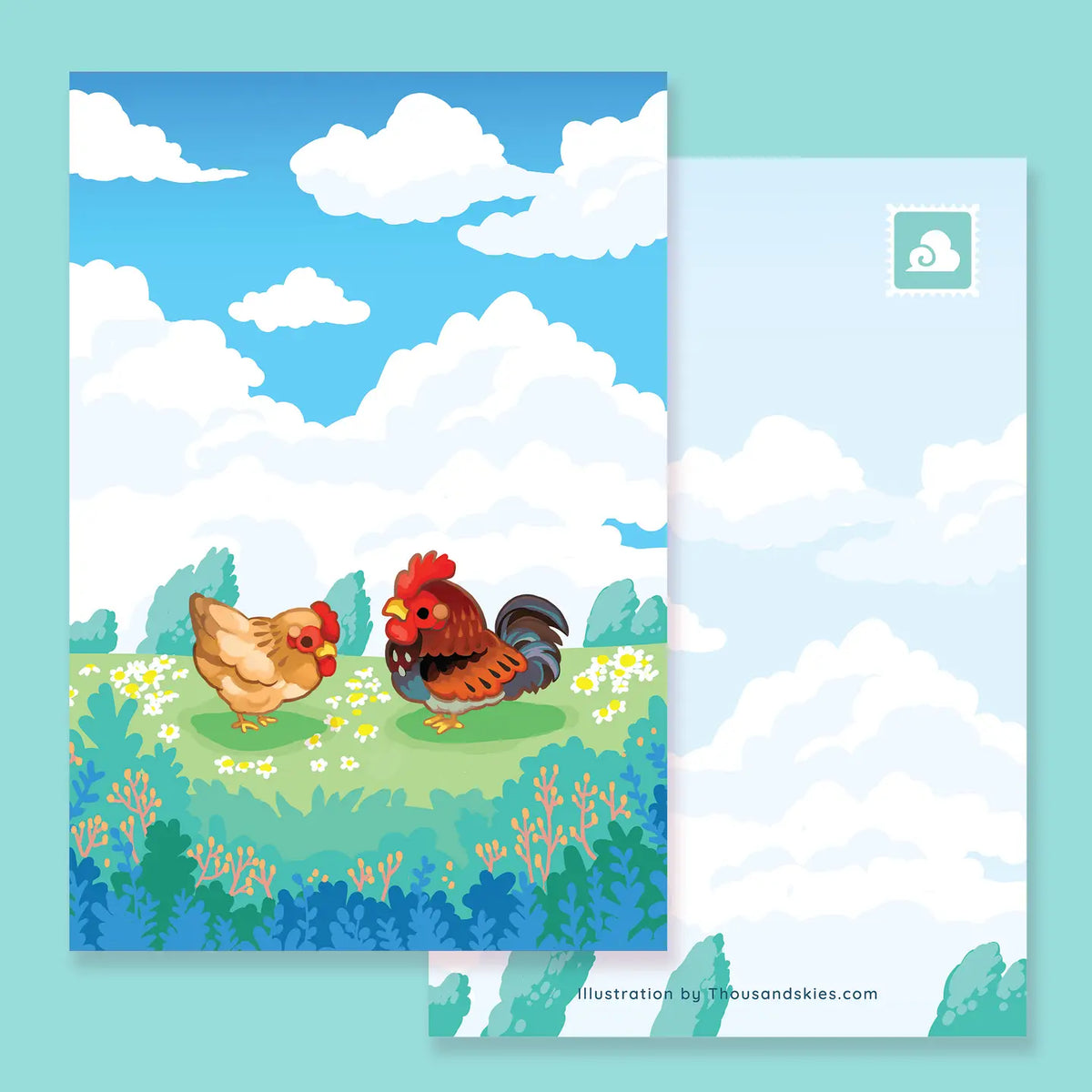 Thousand Skies - Rooster and Hen Postcard
A playful and colorful illustration to brighten someone's day.
• 4 in x 6 in postcard
• Matte finish
• Heavy Cardstock
Please consider that monitor calibrations are all different. The color you see might slightly differ from the photo.
Design ©Thousand Skies