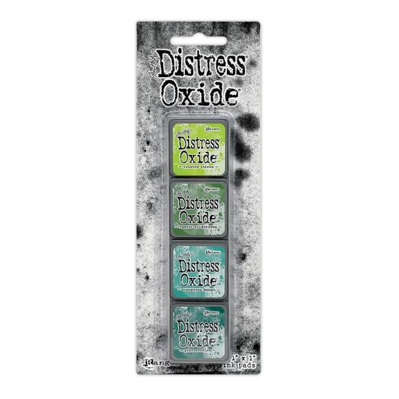 Tim Holtz Distress Mini Oxide Ink Pads are a collection of 1 x 1 cubes featuring water-reactive dye & pigment ink fusion that creates an oxidized effect when sprayed with water. Like their larger counterpart, the Mini Oxide Ink Pads have a raised felt pad with fade resistant ink that coordinates with the full Distress palette of colors. Each ink pad is stackable. Use with stamps, stencils, and direct to surface.