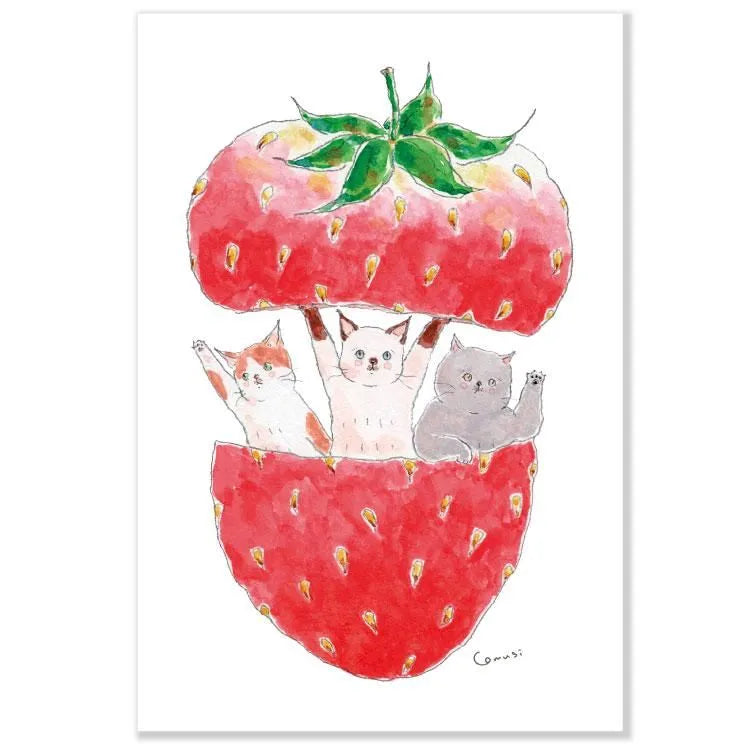 This adorable postcard features cats popping out of a strawberry to say hello! It was illustrated by artist Tokoro Komugi who is known for their soft style of illustration featuring animals. It is a postcard that makes you feel happy just by looking at it.
4in x 5.8in