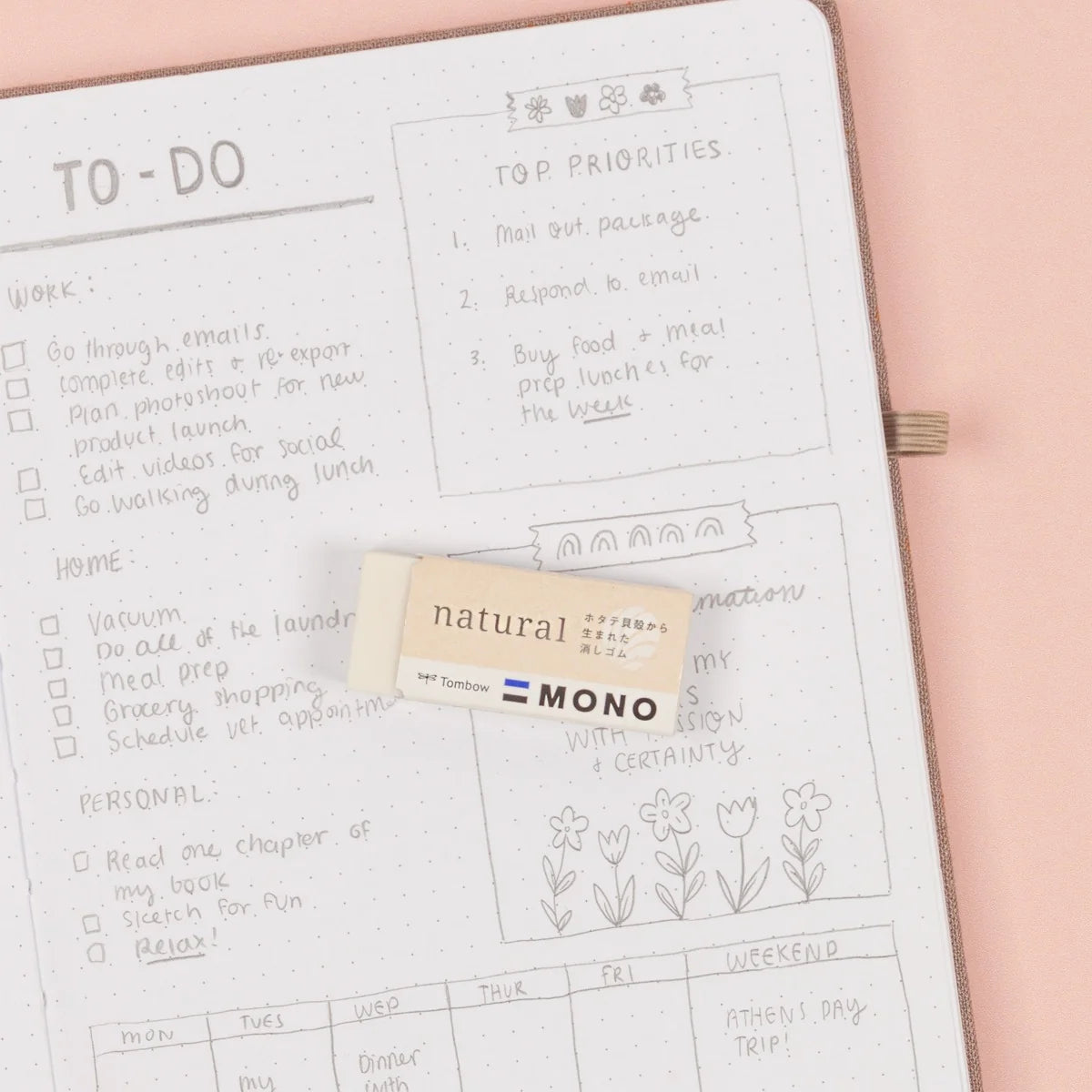 The MONO Natural Eraser is biomass-derived made from 10% scallop shells! This new environmentally friendly eraser offers the same high-quality performance as the original MONO Eraser, cleanly removing unwanted lines and marks with little pressure and without damaging paper.