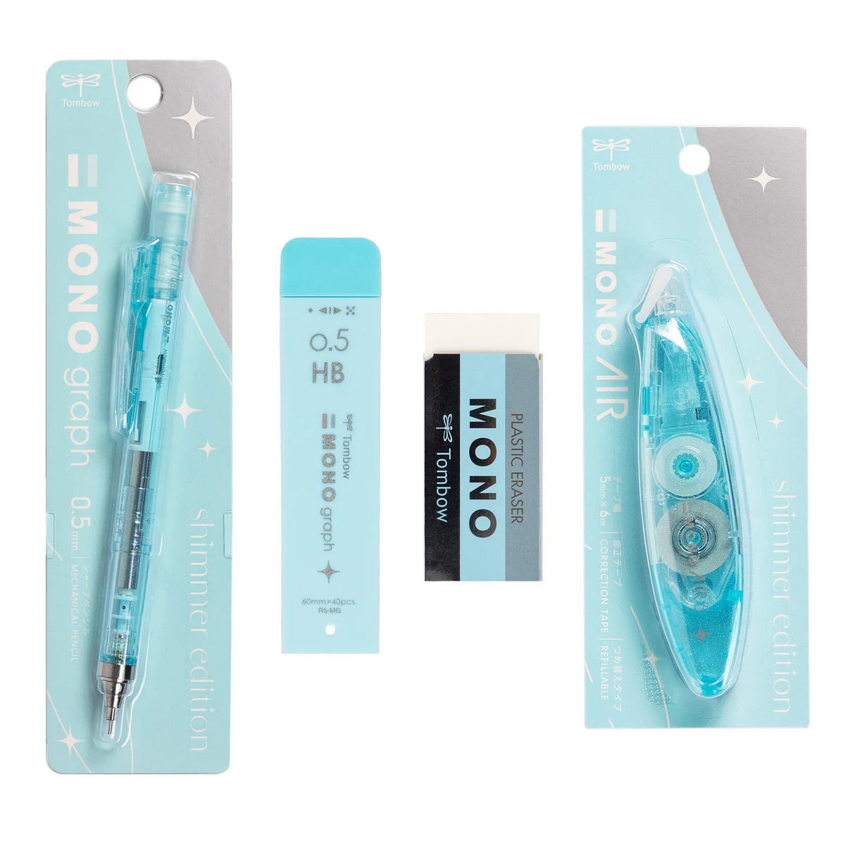 The Tombow Shimmer Stationery Set brings together four MONO favorites in a cohesive, shimmering design that adds a bit of shine to everyday stationery. Each set is thoughtfully curated to include the essentials you reach for most, all in a matching finish that feels special without sacrificing performance.
The MONO Graph Mechanical Pencil features Tombow’s shake mechanism for quick lead advancement and a shake lock to prevent accidental extension. The MONO Eraser delivers clean, precise erasing, whil