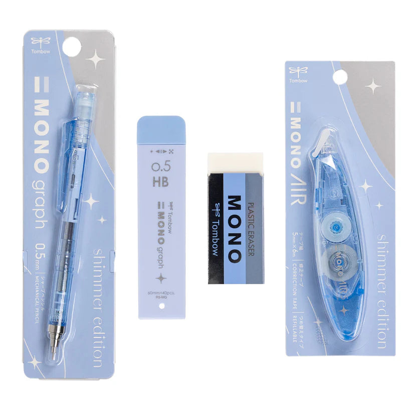 The Tombow Shimmer Stationery Set brings together four MONO favorites in a cohesive, shimmering design that adds a bit of shine to everyday stationery. Each set is thoughtfully curated to include the essentials you reach for most, all in a matching finish that feels special without sacrificing performance.
The MONO Graph Mechanical Pencil features Tombow’s shake mechanism for quick lead advancement and a shake lock to prevent accidental extension. The MONO Eraser delivers clean, precise erasing, whil