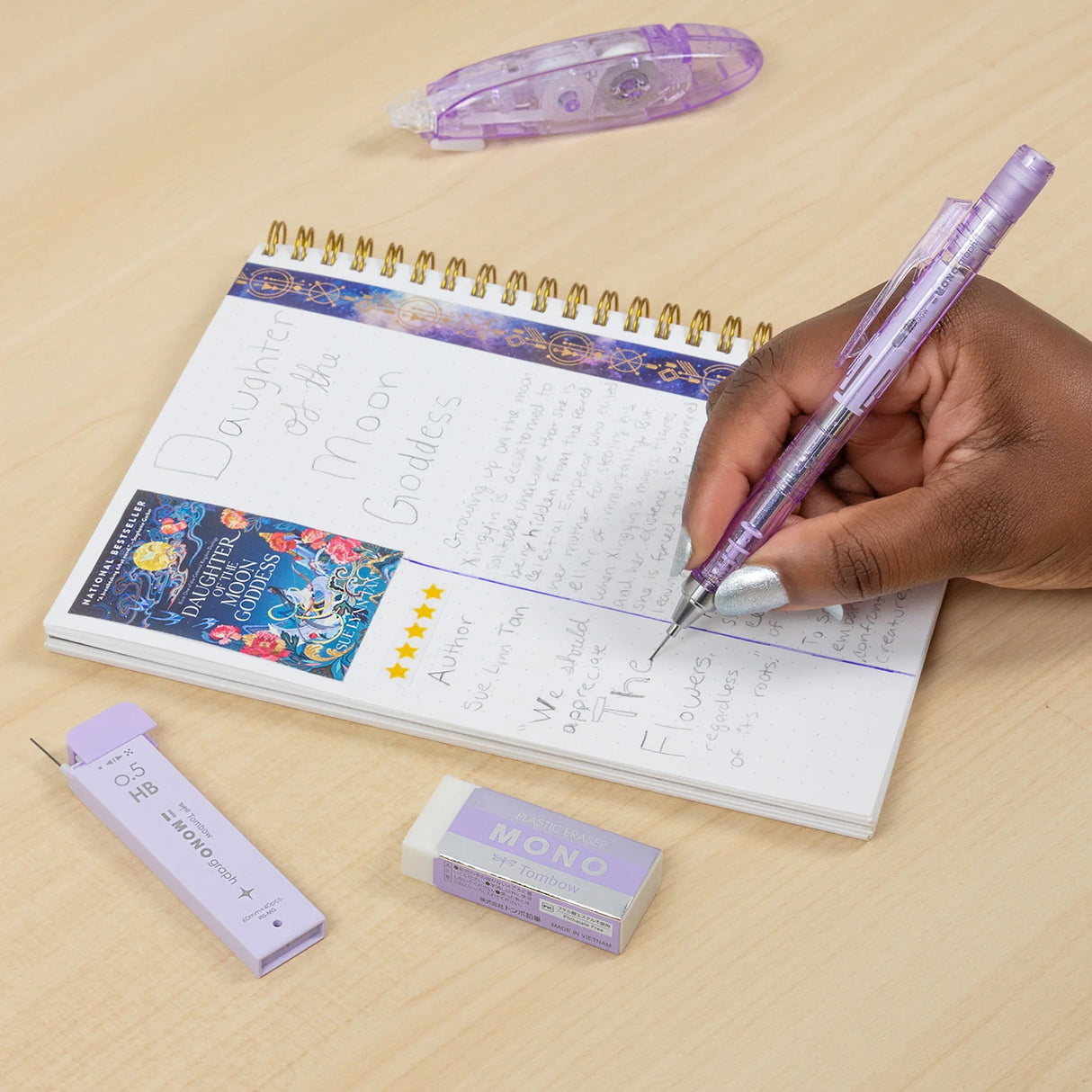 The Tombow Shimmer Stationery Set brings together four MONO favorites in a cohesive, shimmering design that adds a bit of shine to everyday stationery. Each set is thoughtfully curated to include the essentials you reach for most, all in a matching finish that feels special without sacrificing performance.
The MONO Graph Mechanical Pencil features Tombow’s shake mechanism for quick lead advancement and a shake lock to prevent accidental extension. The MONO Eraser delivers clean, precise erasing, while 0.5