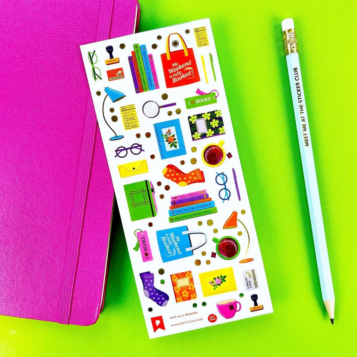 PipStickers are the PERFECT gift for the sticker lover in your life - even if it's you! These unique PVC designs with gold foil accents come on a clear backing and cannot be found anywhere else.
Includes one 3" x 7" sheet of Tote-ally Bookish PipStickers and includes the Pipsticks manifesto.