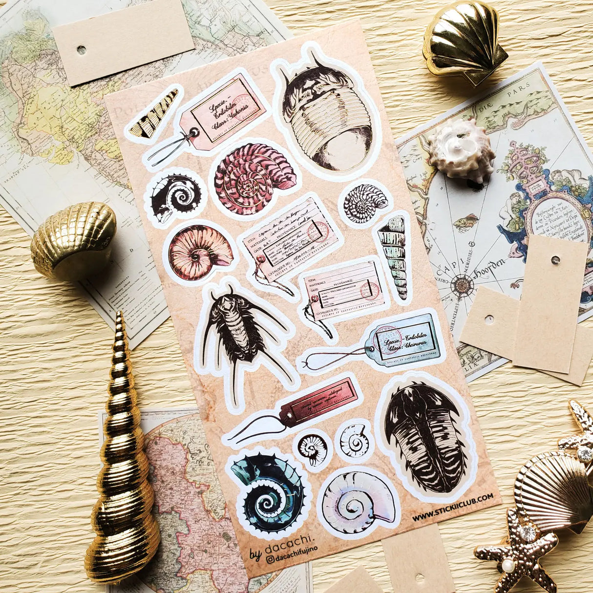 🌀🔍 Catalogued from the depths of some fantastical seaside archive, @dacachifujino’s curious specimens are like discoveries from a mysterious ocean museum. From spiraled shells and ancient trilobites to handwritten tags and explorer notes, this sheet was made for anyone who loves their natural history with a dash of wonder.
Art by: @dacachifujino