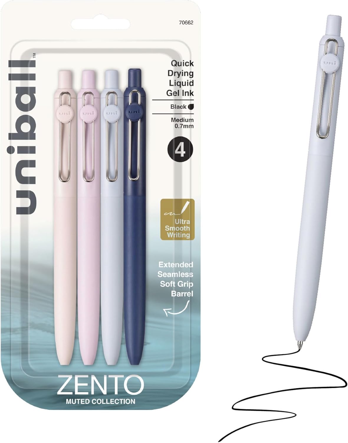 Experience ultra smooth, effortless writing with uniball™ Zento retractable gel pens. The quick-drying liquid gel ink minimizes smudging and ensures no bleed-through to keep pages clean. With a precise 0.7mm point, uniball™ Zento offers a vivid, dark ink crisp, bold lines with every stroke.
Designed for comfort and control, the seamless soft grip is made with 75% recycled material and features minimalist Muted fashion barrel colors for a modern look. Packaged in a convenient 4-count set, Zento pens are ide