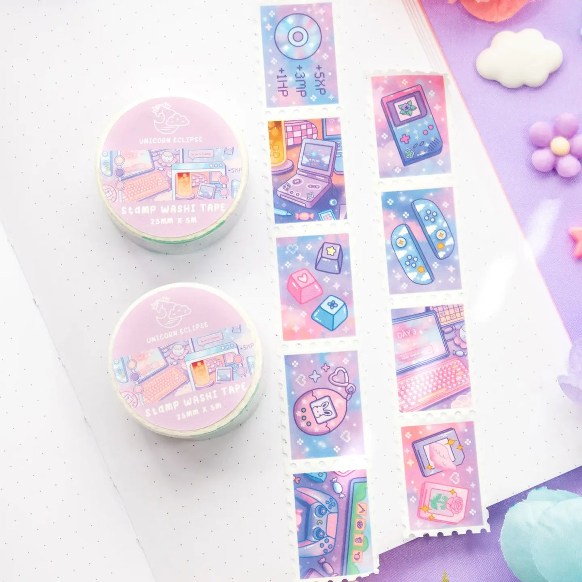 Unicorn Eclipse - Game Time Stamp Washi Tape
1 roll: 25mm x 5m
Made of eco-friendly adhesive paper materials
Easily removable with no residue
✧Notes✧ Please note that color on images may vary from monitor to monitor due to photographing, lighting and screen settings. Minor errors may be possible as these stickers are handmade.