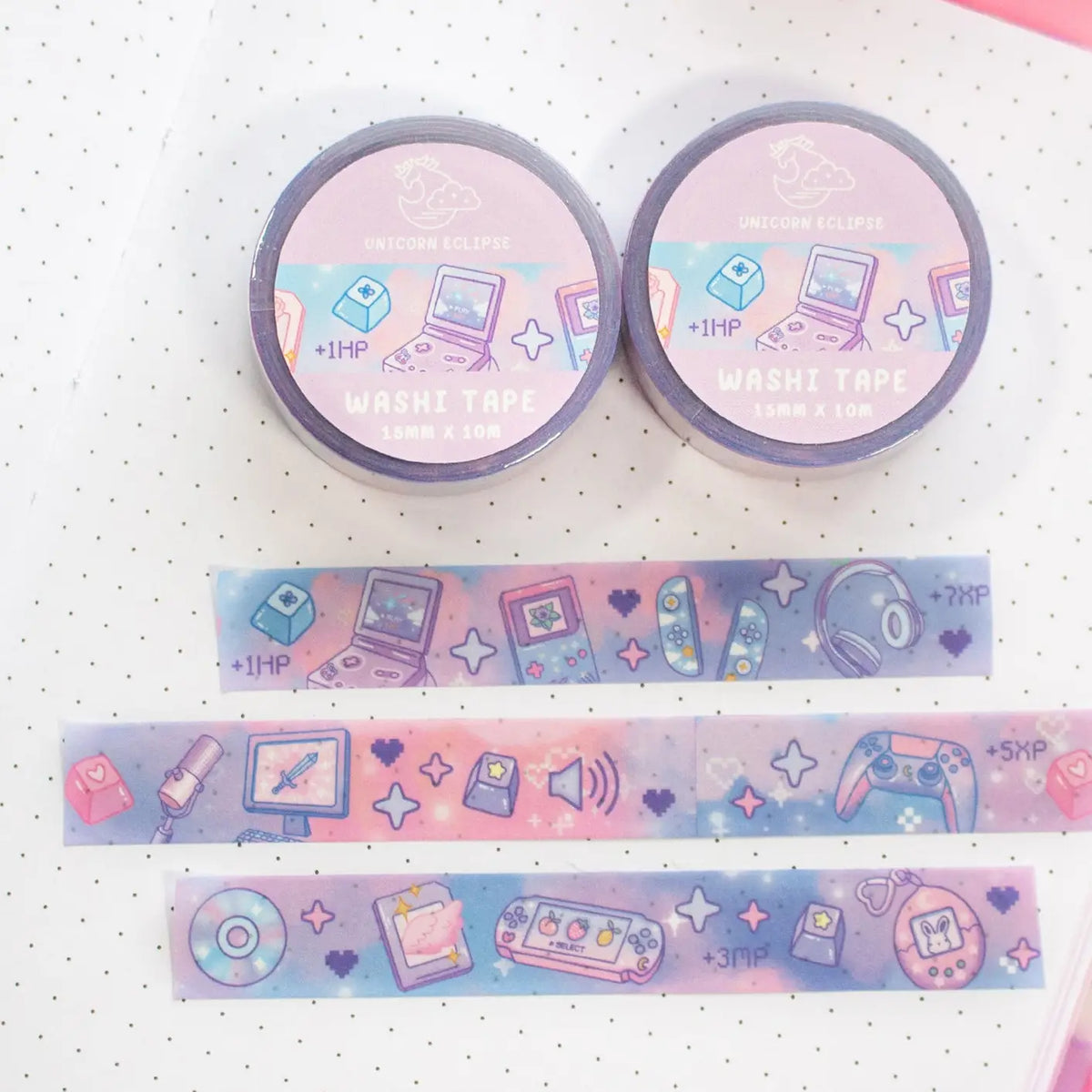 Unicorn Eclipse - Game Time Washi Tape
1 roll: 15mm x 10m
Made of eco-friendly adhesive paper materials
Easily removable with no residue
✧Notes✧ Please note that color on images may vary from monitor to monitor due to photographing, lighting and screen settings. Minor errors may be possible as these stickers are handmade.