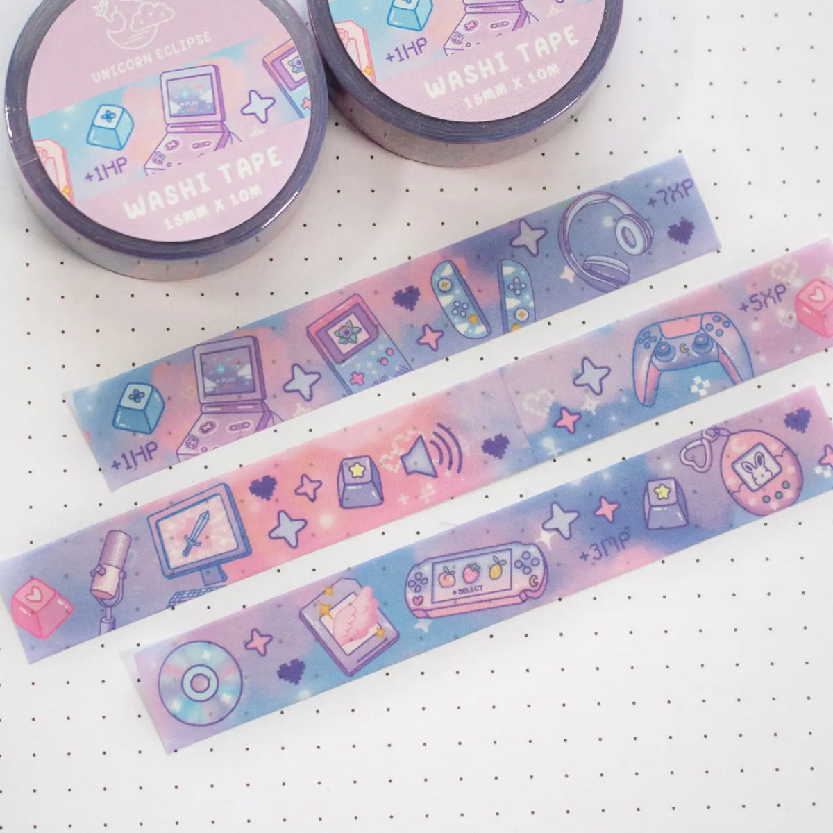 Unicorn Eclipse - Game Time Washi Tape
1 roll: 15mm x 10m
Made of eco-friendly adhesive paper materials
Easily removable with no residue
✧Notes✧ Please note that color on images may vary from monitor to monitor due to photographing, lighting and screen settings. Minor errors may be possible as these stickers are handmade.