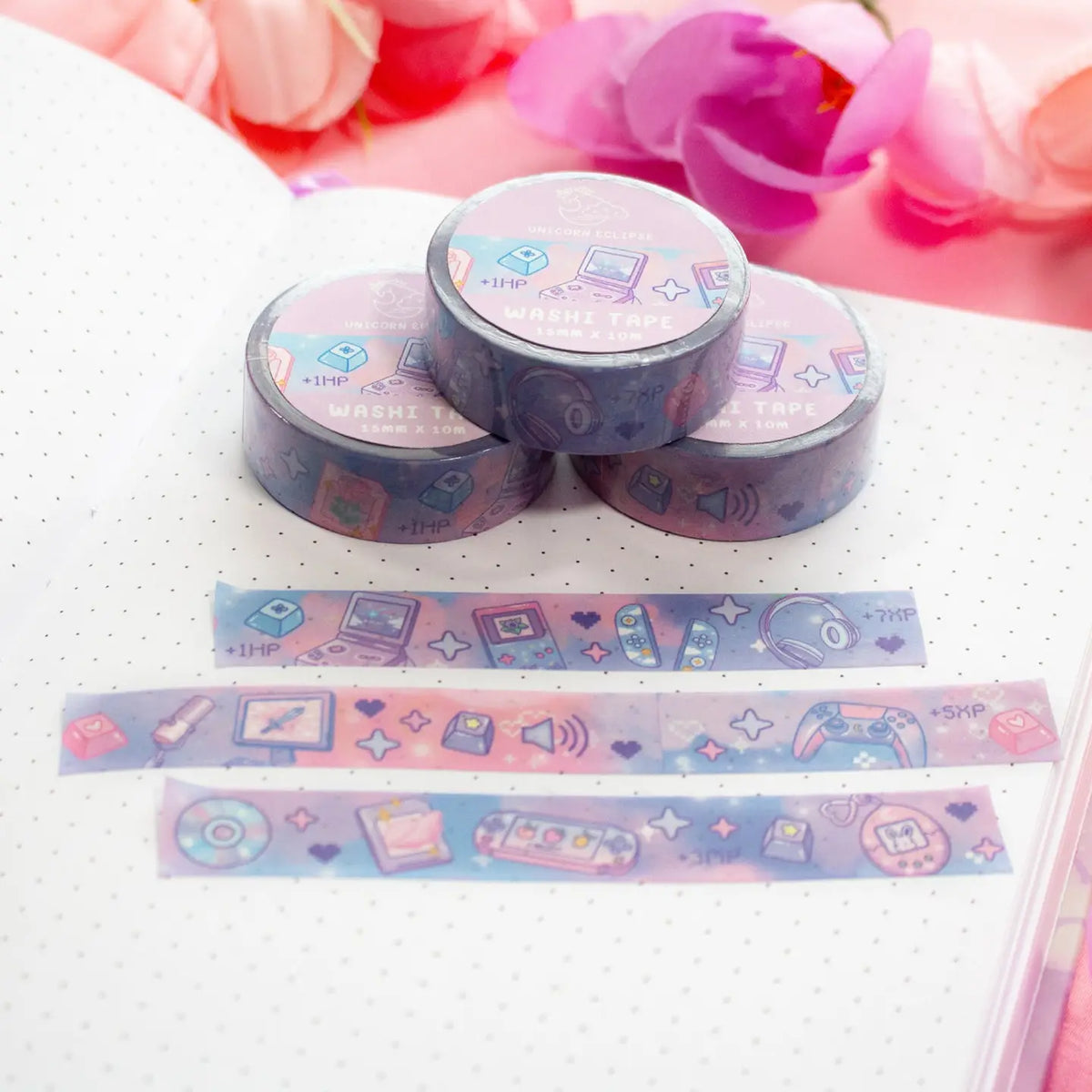 Unicorn Eclipse - Game Time Washi Tape
1 roll: 15mm x 10m
Made of eco-friendly adhesive paper materials
Easily removable with no residue
✧Notes✧ Please note that color on images may vary from monitor to monitor due to photographing, lighting and screen settings. Minor errors may be possible as these stickers are handmade.