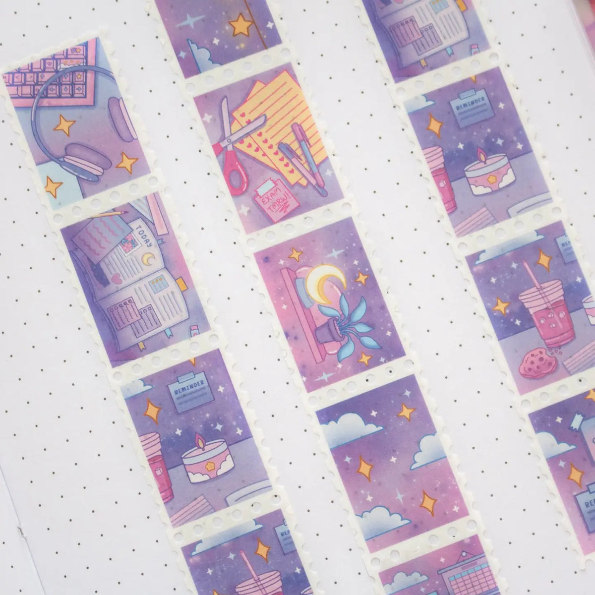 Unicorn Eclipse - Study Night Stamp Washi Tape
1 roll: 25mm x 5m
Made of eco-friendly adhesive paper materials
Easily removable with no residue
✧Notes✧ Please note that color on images may vary from monitor to monitor due to photographing, lighting and screen settings. Minor errors may be possible as these stickers are handmade.