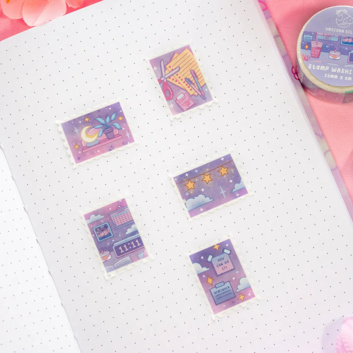 Unicorn Eclipse - Study Night Stamp Washi Tape
1 roll: 25mm x 5m
Made of eco-friendly adhesive paper materials
Easily removable with no residue
✧Notes✧ Please note that color on images may vary from monitor to monitor due to photographing, lighting and screen settings. Minor errors may be possible as these stickers are handmade.