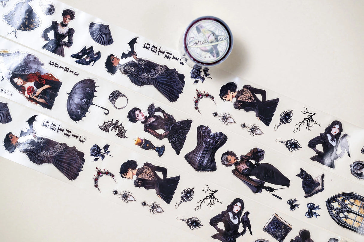 tep into the world of Victorian elegance with this unique transparent PET tape by CoraCreaCrafts. Designed with an intricate mix of gothic-inspired stickers, this tape features a 100cm repeat loop, showcasing a variety of detailed designs. The glossy finish adds a sophisticated shine, making it perfect for adding a touch of vintage charm to your creative projects.
