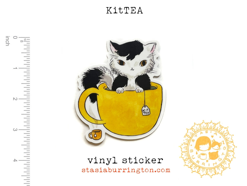 Pegatina de vinilo con diseño de gato de té de Kittea