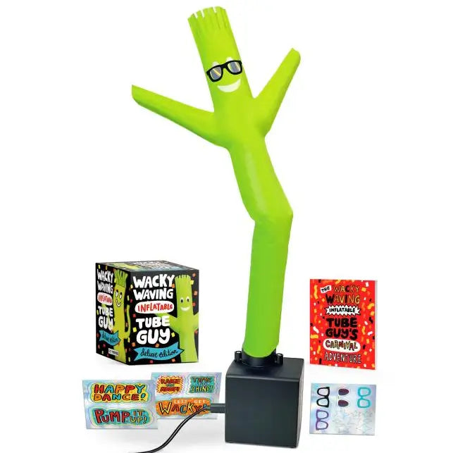 Wacky Waving Inflatable Tube Guy Deluxe Edition
Pump up the party with this neon deluxe edition of the wildly popular miniature Wacky Waving Inflatable Tube Guy— now including a USB power cord and bonus vinyl stickers!
Specifications:
17-inch Neon Green Tube Guy with fan in base to make him dance, wiggle, and shake.
USB power cord: Set includes a USB cable that allows Tube Guy to wave continuously.
Illustrated mini book and vinyl stickers: Includes a humorous full-color mini book and holographic vinyl st