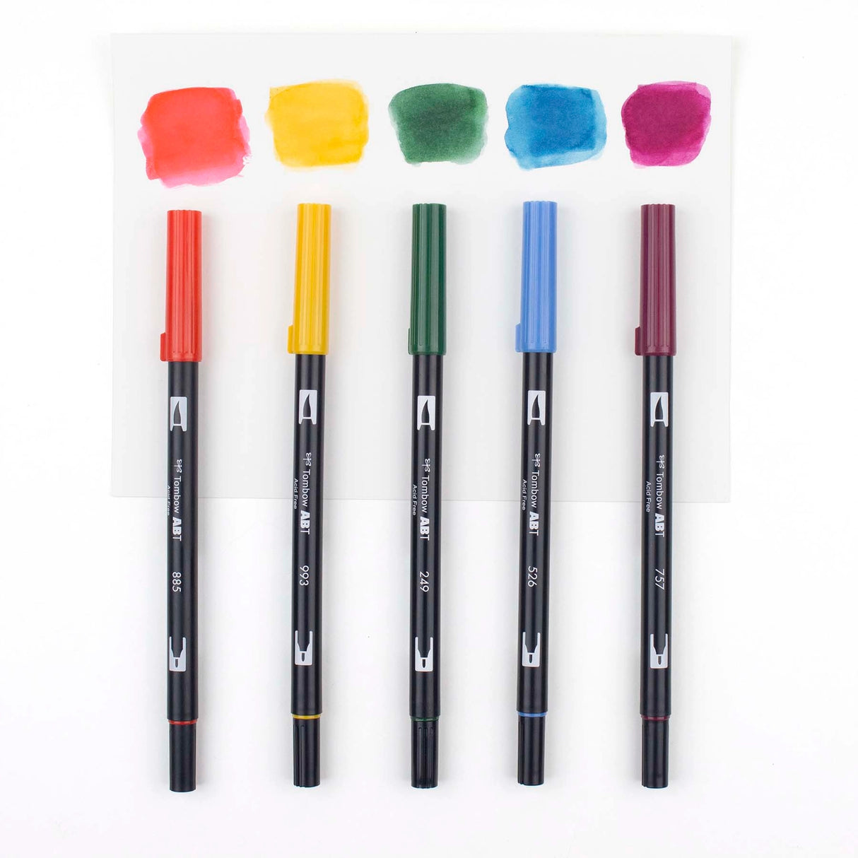 Learn to use Tombow Dual Brush Pens to easily create watercolor art with the Tombow Watercolor Set. Includes a pamphlet with helpful tips and all the tools you need to start blending and mixing colors. Each set includes 5 Dual Brush Pens, Medium Water Brush, MONO Drawing Pencil, MONO Twin Permanent Marker, MONO Plastic Eraser, Blending Palette, Watercolor Guide, and Mixing Chart. Dual Brush Pen Colors Included: 885 Warm Red, 993 Chrome Orange, 249 Hunter Green, 526 True Blue, 757 Port Red.