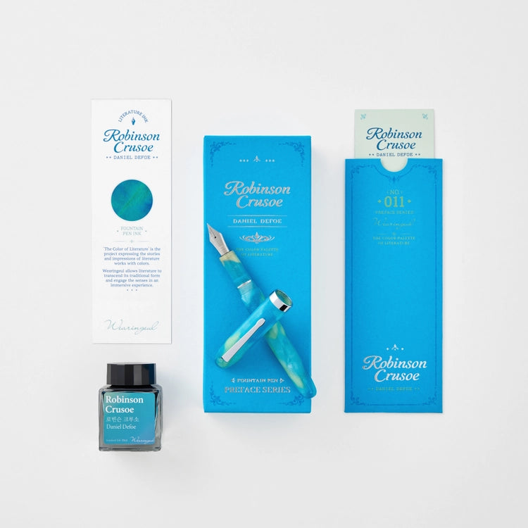 Discover the colors of literature inspired by the emotions and moments found in literary works, now in a fountain pen.
The Wearingeul Literature Fountain Pen was created to bring the colors of stories born from literature into your hands. Take your time with the Wearingeul Literature Fountain Pen, and write down the words and impressions that stayed with you.
Inspired by a remote island where the endless blue se meets lush greenery, the Robinson Crusoe Fountain Pen captures a deep, refreshing