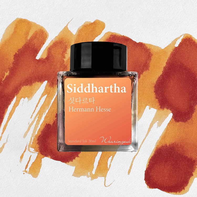 'The Color of Literature' is the project expressing the stories and impressions of literature works with colors, Wearingeul inks illustrate the specific scenes or the atmosphere of novels and poems, Also, some sets represent the main concept of the original stories, giving unqiue exprience following itinerary of the characters in the stories.
Under the golden sun, Siddhartha's journey toward inner enlightenment unfolds. This vivid yellow-orange ink captures the trace of a pure soul in search of truth. 