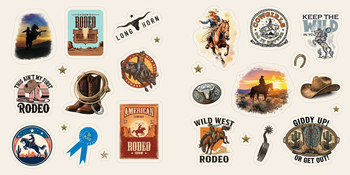 Colorful cowboy hats and boots. Lucky horseshoes and bucking broncos. Prickly cacti and desert sunsets. Delivering 500+ “cowboy-core” designs, this country-inspired StickerCore collection brings the Wild West to everyone.
Rhinestone-studded cowgirl boots, pretty paisleys, neon saloon signs, flower-crowned steer skulls, lucky horseshoes, galloping stallions, and fun sayings like “Yeehaw!” and “Howdy!”—what’s not to love about the western aesthetic?
With Western Stickers, those ready to saddle up in style