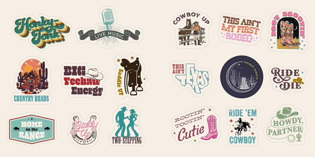 Colorful cowboy hats and boots. Lucky horseshoes and bucking broncos. Prickly cacti and desert sunsets. Delivering 500+ “cowboy-core” designs, this country-inspired StickerCore collection brings the Wild West to everyone.
Rhinestone-studded cowgirl boots, pretty paisleys, neon saloon signs, flower-crowned steer skulls, lucky horseshoes, galloping stallions, and fun sayings like “Yeehaw!” and “Howdy!”—what’s not to love about the western aesthetic?
With Western Stickers, those ready to saddle up in style