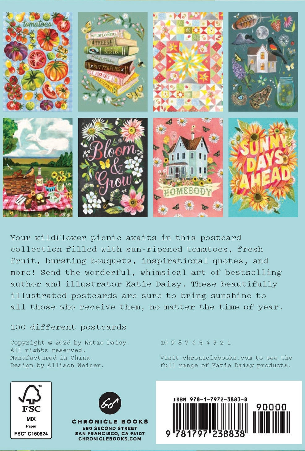 The first postcard collection from beloved illustrator Katie Daisy, curated for all wildflower lovers.
Bouquets of wildflowers, vibrant fresh fruit, perfect sun-ripened tomatoes, inspirational quotes, and more! This 100-piece postcard collection is bursting with the wonderful, whimsical art of bestselling author and illustrator Katie Daisy. Used as correspondence or as miniature pieces of art to adorn walls, desks, or bulletin boards, these beautifully illustrated postcards are sure to evoke sunshine and j