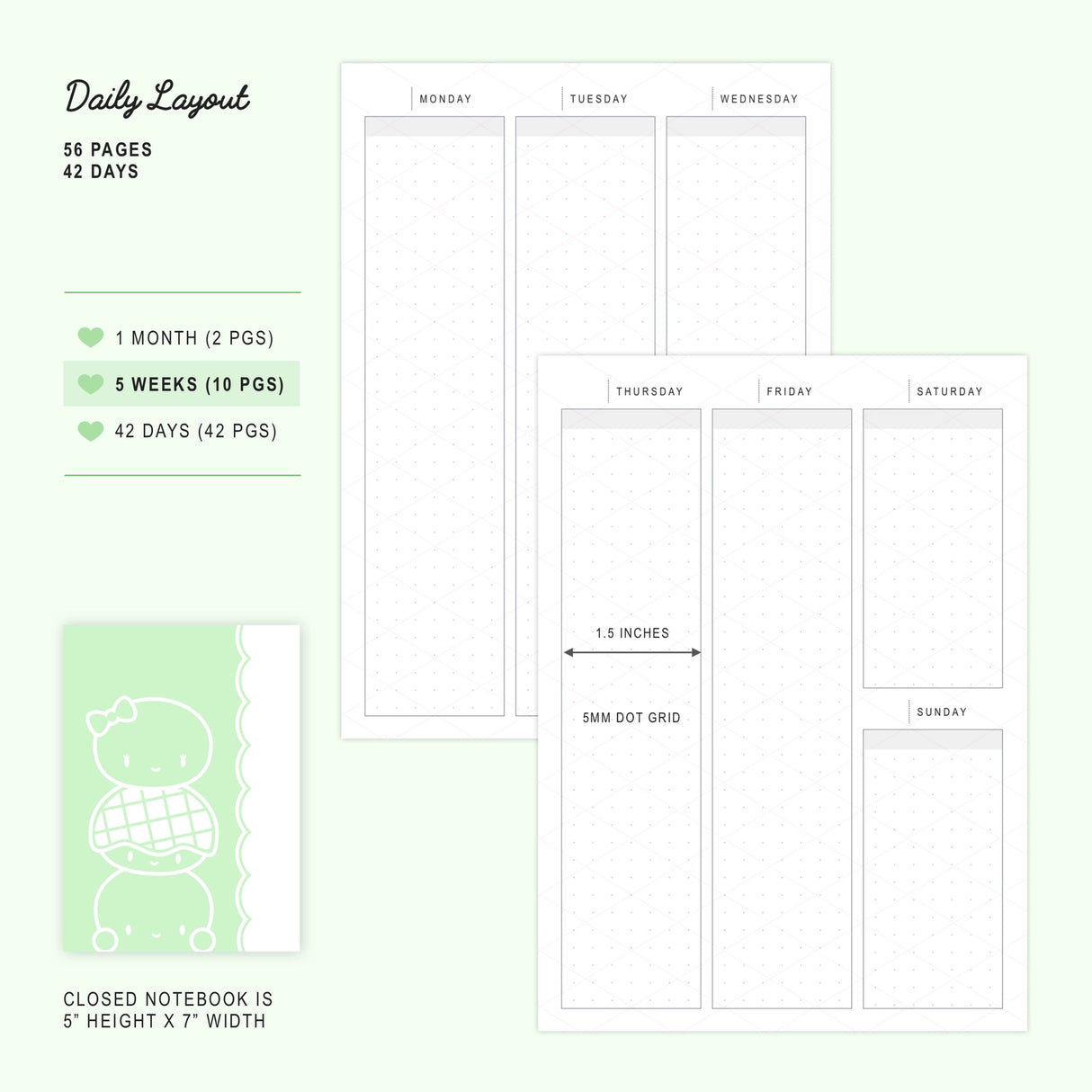 Use this notebook for your daily journaling or planning, as an insert in your B6 planner, or as a standalone notebook for doodling, scrapbooking, or memory keeping! A bun totem of the Steam Team's Charlie, Laila, and Bolo Bob can be seen peeking out of the front, back, and inside covers ;)
SPECIFICATIONS
SIZE: 5" wide and 7" tall, slotting perfectly into the strings of any B6 Traveler's Notebook (TN) cover