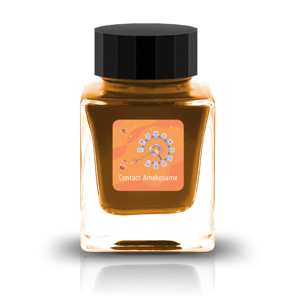 The Three-Year Anniversary Contact Collection features rich, vibrant colors with a smooth writing experience and fascinating characteristics such as shimmer and scent. The “Super” inks contain iridescent shimmer particles that shift color with the light, while the scented inks add a sensory twist to your writing. Please note that scented inks may feather when a large amount is applied—using fountain pen–friendly paper is recommended for the best results.