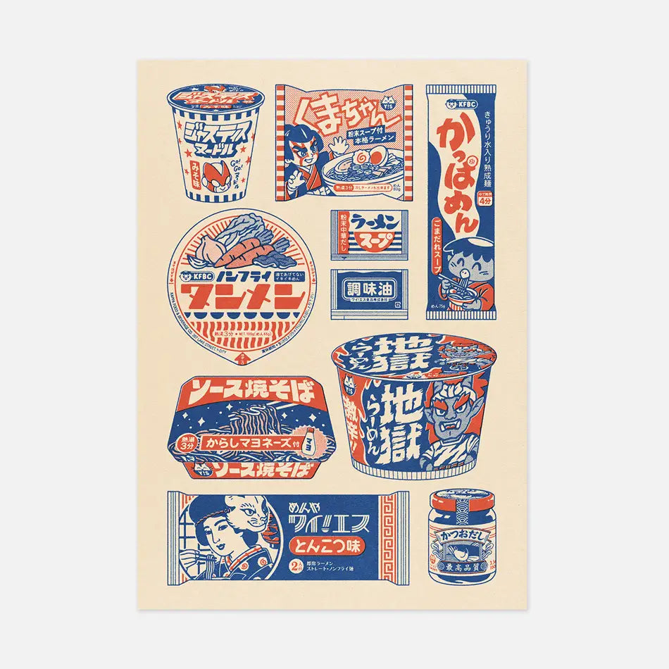 This illustration is a compilation of fake instant noodle packaging that I created.
• Postcard size A6 (14.8 × 10.5 cm)
•Fedrigoni Arena 300g/m2 FSC certified paper
• Printed in France