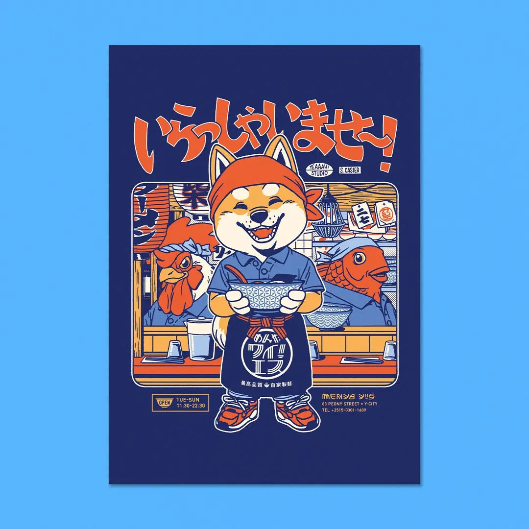 This illustration is part of our “Ramen is Love” collection.
It represents one of our original characters, Mimi the Shiba, dressed as a waiter at a fictional ramen restaurant named Menya Y! S ( EUS). He warmly welcomes guests with the famous Irasshaimase (Irasshaimase) which simply translates to “welcome.” He is wearing a traditional apron (maekake) featuring the establishment's logo. The decor is inspired by the fabulous Kodawari Ramen restaurants in Paris. The cooks are also a nod to two T-shirt designs t