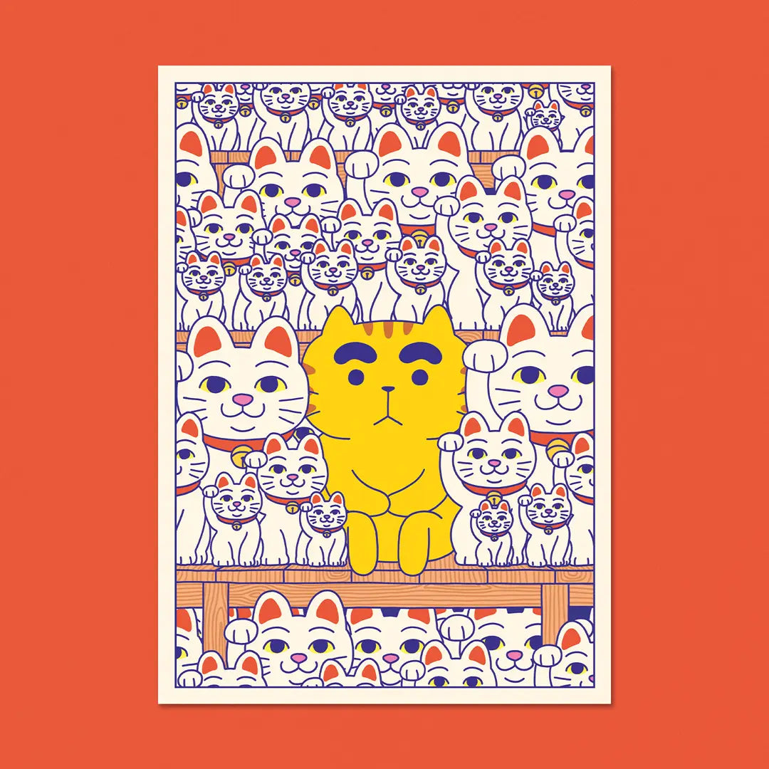 This illustration is inspired by the Gotoku-ji Temple in Tokyo, known for housing over 1000 cat figurines called Maneki-Neko.
• Postcard size A6 (14.8 × 10.5 cm)
• Old Mill Premium White 300g paper
• Digital printing
• Printed in France
