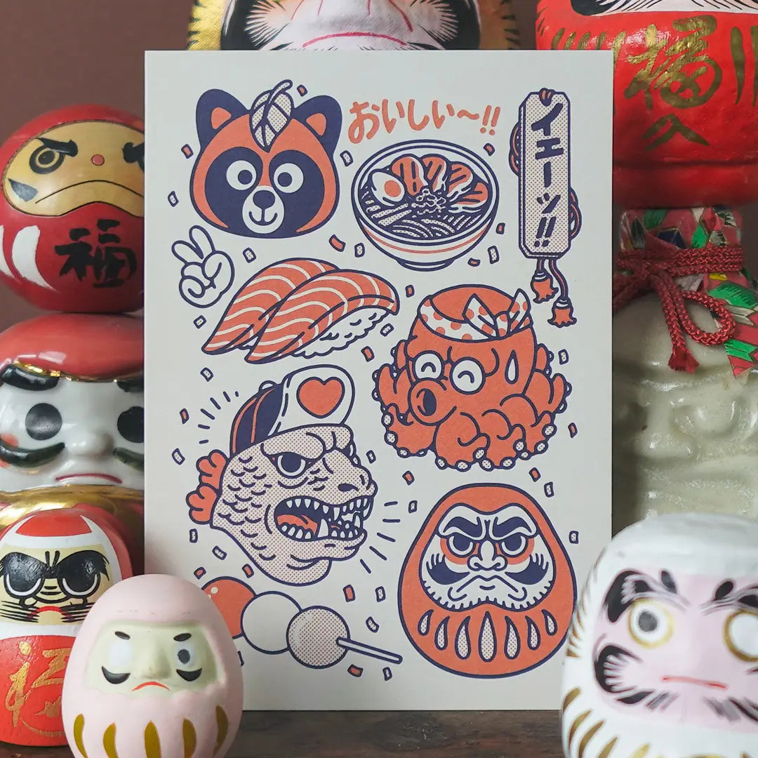 Yeaaah! Studio Post Card - Nihon
This illustration brings together various famous elements of traditional Japanese culture, food, and pop. Translations : Delicious! : Yeaaah!
• Postcard format A6 (14.8 x 10.5cm)
• Fedrigoni Arena 300gm2 FSC certified paper
• printed in France