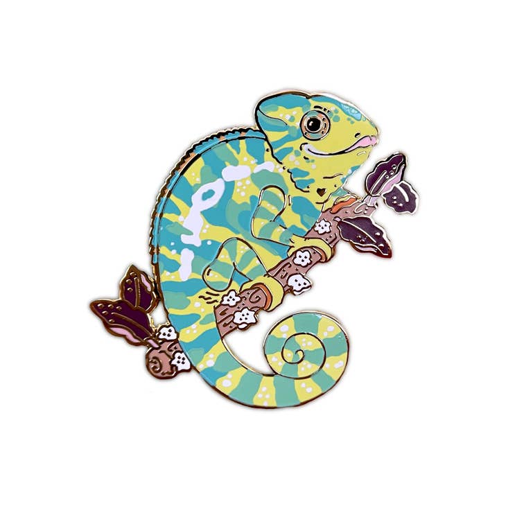 Pin de esmalte de camaleón leopardo amarillo