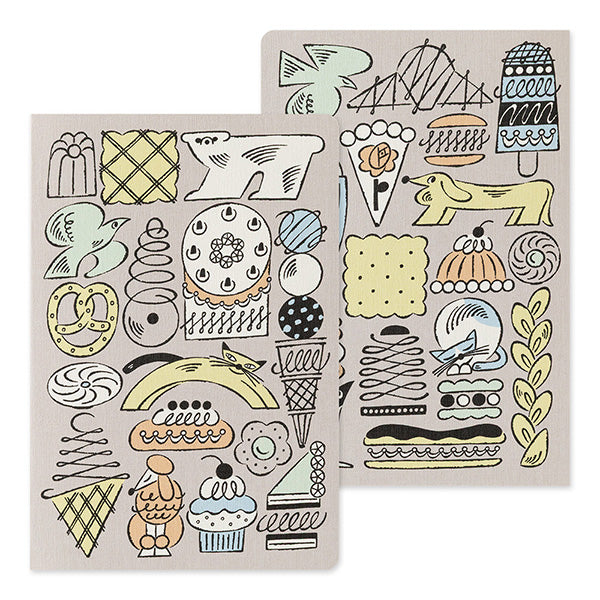Yuru Log is a notebook series that allows anyone to easily keep a record of their daily lives in a "loose and fun" way. Yuru means Relax and Log stand for Record. It is perfect for people who want to enjoy recording their daily lives while decorating their notebooks or diaries but are not good at layout or drawing, or for beginners who are interested but find it difficult to get started.
The "Sweets and Animal Patterns" design was created by Ikumi Ouchi, known for its charming hand-drawn touch and charming